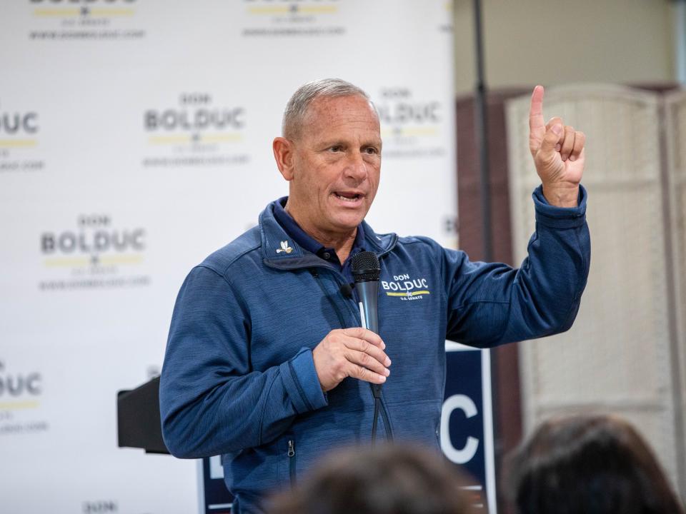 Republican senate nominee Don Bolduc speaks during a campaign event on October 15, 2022 in Derry, New Hampshire.