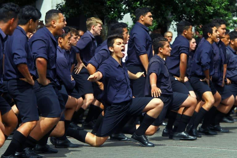 Auckland Grammar students perform a haka at former New Zealand cricket great Martin Crowe's funeral at the Holy Trinity Cathedral in Auckland on March 11, 2016