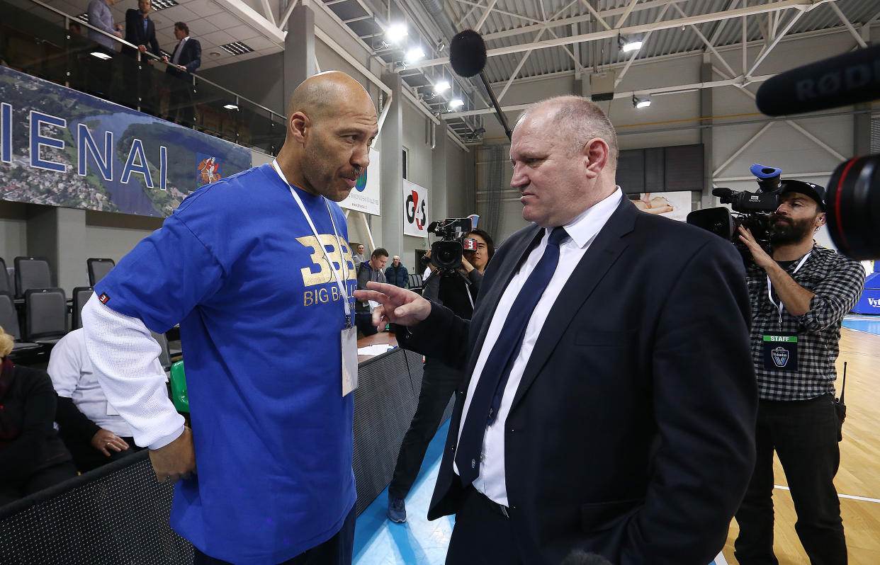 LaVar Ball and BC Prienai coach Virginijus Seskus have a discussion during a game in Lithuania last season. (Getty Images)