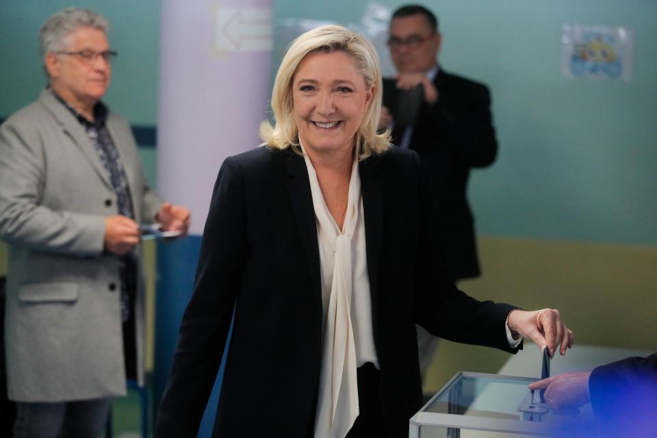 French far-right contender Marine Le Pen votes in Henin-Beaumont, northern France (AP)