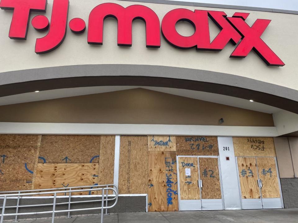 The TJ Maxx store in the Gaitway Plaza, at Southwest 27th Avenue and College Road (State Road 200), was boarded up and closed on Thursday because of Hurricane Ian.