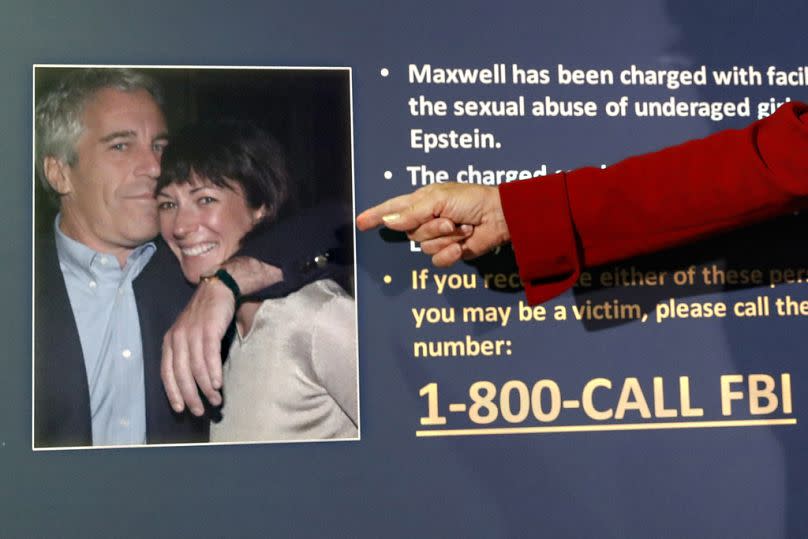 FILE — Audrey Strauss, acting United States Attorney for the Southern District of New York, points to a photo of Jeffrey Epstein and Ghislaine Maxwell during a news conference