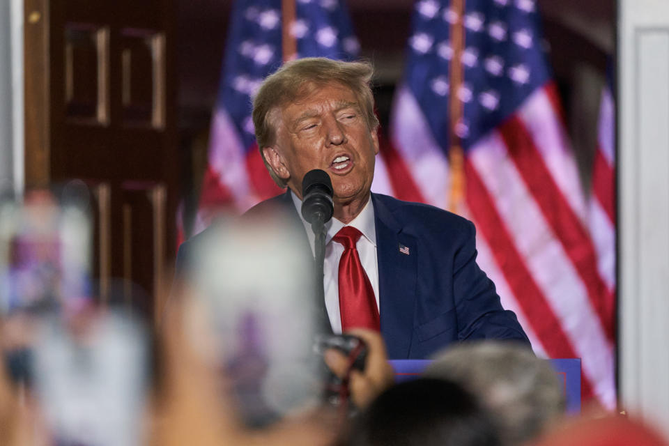 Former President Donald Trump speaks during an event at Trump National Golf Club in Bedminster, N.J., hours after being arraigned on federal charges in Miami on June 13. (Bing Guan/Bloomberg)