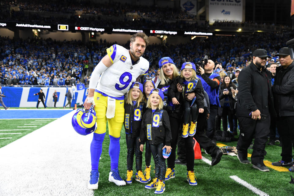 Los Angeles Rams quarterback Matthew Stafford (9) poses with his family prior to the NFC Wild Card game between the Detroit Lions and the Los Angeles Rams game on Jan. 14, 2023 at Ford Field in Detroit. (Photo by Steven King/Icon Sportswire via Getty Images)