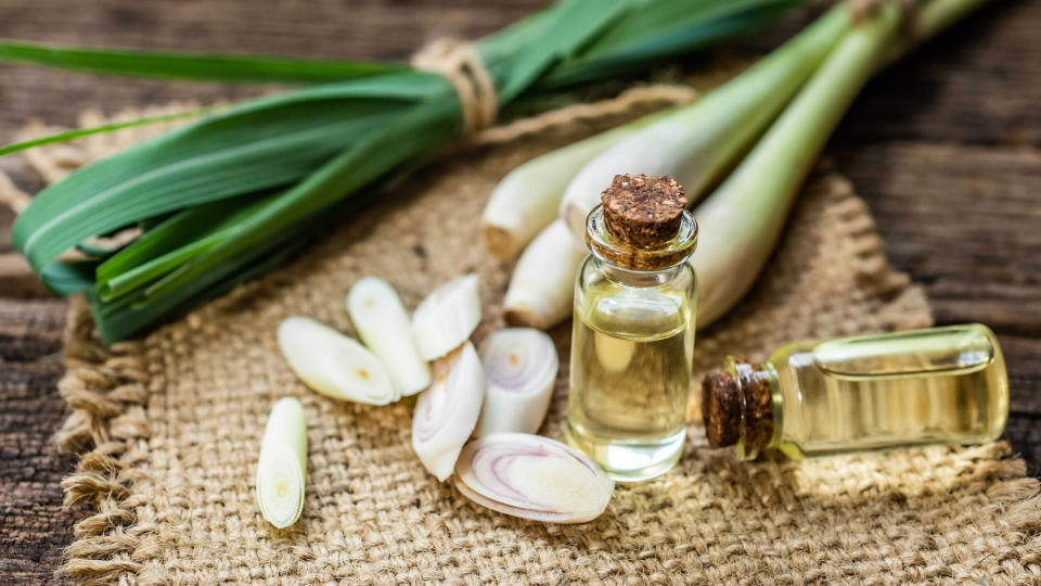 Lemongrass oil next to lemongrass