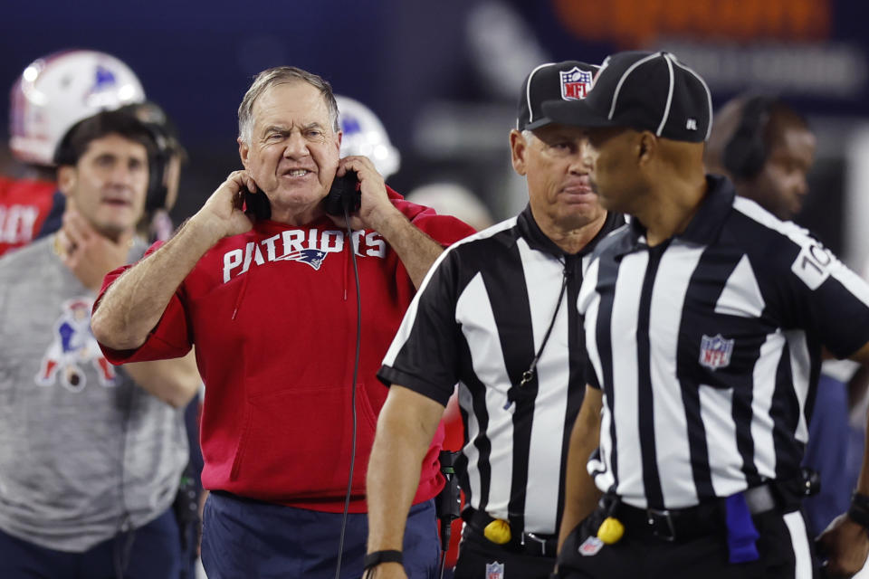 Bill Belichick was not pleased with officials Sunday night. (AP Photo/Michael Dwyer)