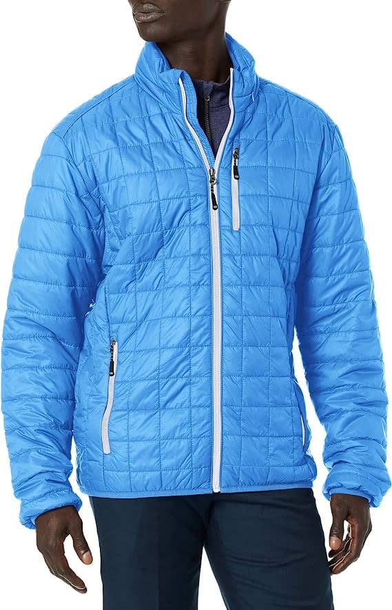 bright light blue quilted jacket with white zipper 