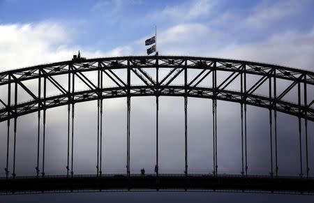 An Australian national flag and a New South Wales state flag (top) fly at half-mast atop the Sydney Harbour Bridge on July 19, 2014, as a sign of respect for those killed in the Malaysia Airlines passenger jetliner MH17 that crashed over eastern Ukraine. Australian Prime Minister Tony Abbott blamed Russia on Friday for the shooting down of MH17, killing all 298 people on board, including 28 Australians. Abbott appeared to go further than other Western leaders in apportioning blame over the crash, demanding that Moscow answer questions about the "Russian-backed rebels" that he said were behind the disaster. REUTERS/David Gray (AUSTRALIA - Tags: TRANSPORT DISASTER TPX IMAGES OF THE DAY)