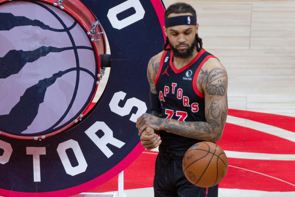 TORONTO, ON, CANADA - January 12, 2023:     Gary Trent Jr. #33 of the Toronto Raptors before the Toronto Raptors v Charlotte Hornets NBA regular season game at Scotiabank Arena in Toronto (Photo by Anatoliy Cherkasov/NurPhoto via Getty Images)