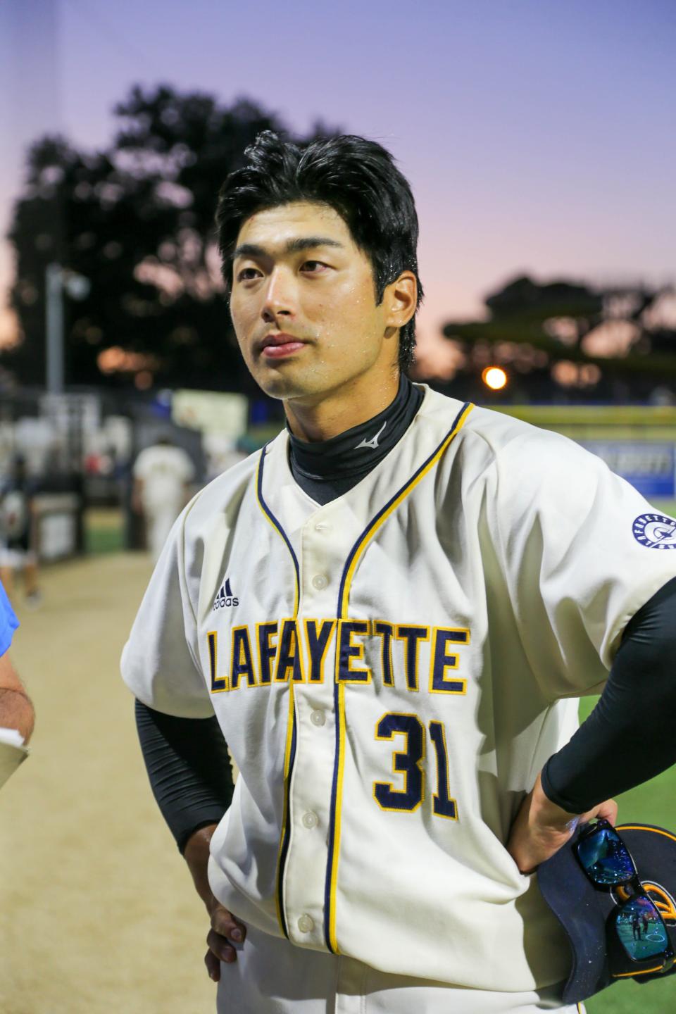 Aviator pitcher Gyeongju Kim (31) answers interview questions after he was deemed the MVP player of the game in the Champion City Kings at Lafayette Aviators baseball game, Thursday, June 23, 2022, in Lafayette.