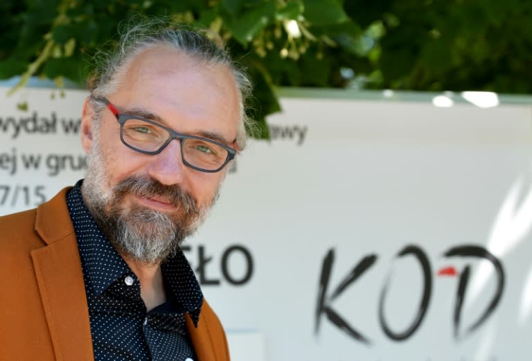 Mateusz Kijowski, leader of the KOD pro-democracy movement is pictured on July 21, 2016 at the group's protest camp across the street from the prime minister's chancellery in Warsaw