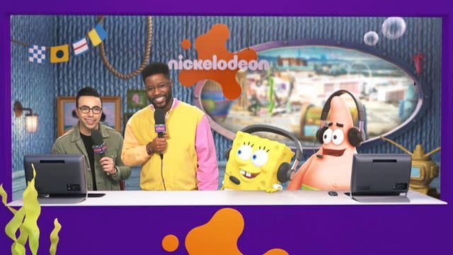 <p>CBS Sports/Nickelodeon</p> (L-R) Noah Eagle, Nate Burleson, SpongeBob Squarepants and Patrick Star are pictured.