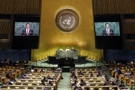 Kim Song, chair of the delegation of North Korea, addresses the 74th session of the United Nations General Assembly, Monday, Sept. 30, 2019. (AP Photo/Richard Drew)