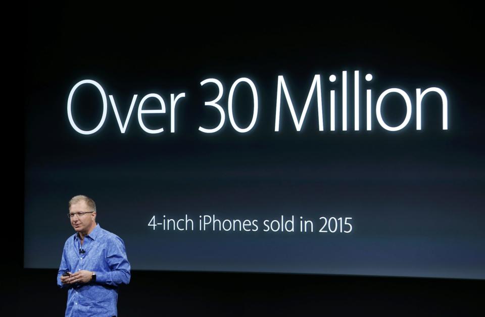 Apple Vice President Greg Joswiak introduces the iPhone SE during an event at the Apple headquarters in Cupertino, California March 21, 2016. REUTERS/Stephen Lam