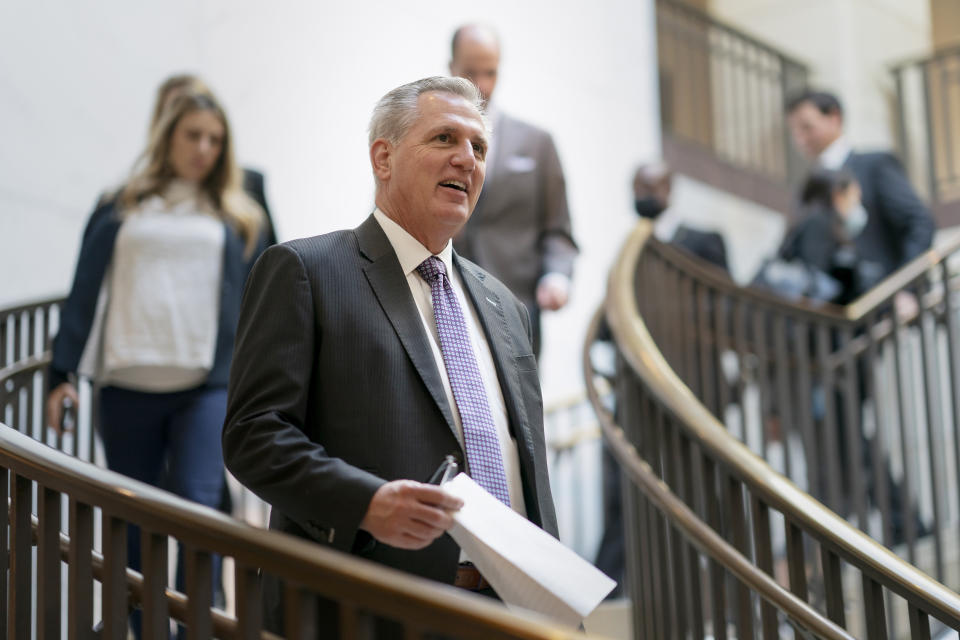 House Minority Leader Kevin McCarthy, R-Calif., arrives for meeting of the Republican Conference, at the Capitol in Washington, Tuesday, Nov. 16, 2021. (AP Photo/J. Scott Applewhite)
