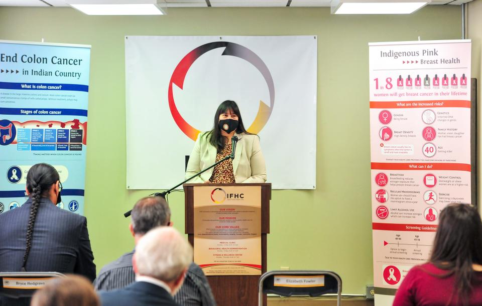 Indian Health Services Director Elizabeth Fowler visits the Indian Family Health Clinic on Wednesday morning during her tour Native American healthcare facilities around the state of Montana.