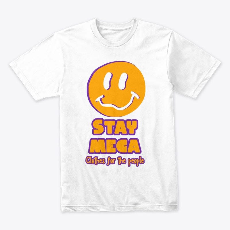 Stay Mega T-shirt, one of the iems in Englewood's 14-year-old Misha Theberge's clothing line.