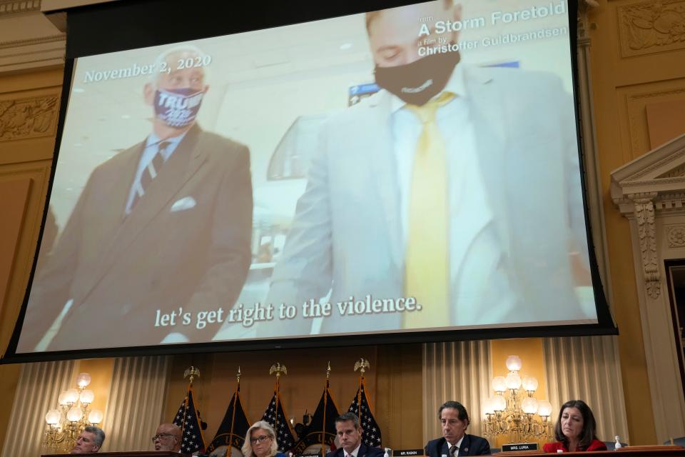 Video footage of Roger Stone is shown during the Oct. 13, 2022 hearing of the committee to investigate the January 6 attack on the United States Capitol.