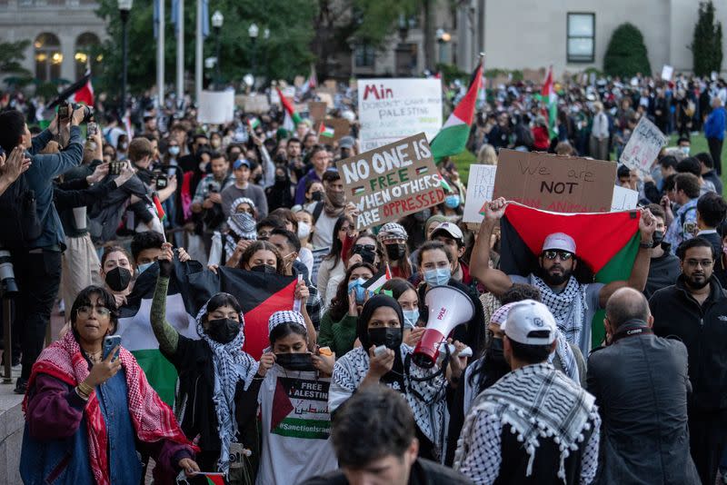 Pro-Palestinian students take part in a protest in support of the Palestinians amid the ongoing conflict in Gaza, at Columbia University in New York City