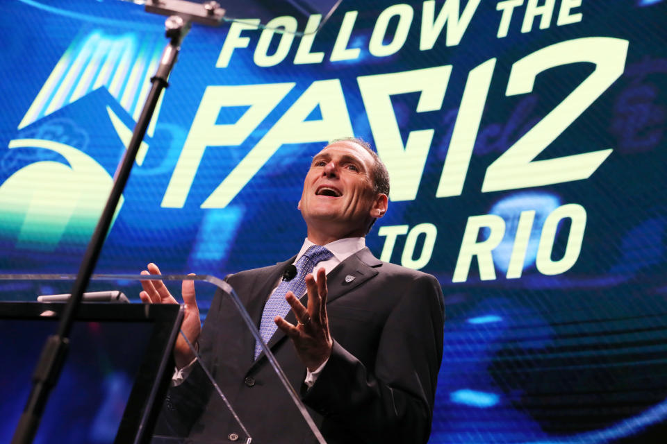 Pac-12 commissioner Larry Scott speaks at the Pac-12 NCAA college football media day in Los Angeles in 2016. (AP file photo)