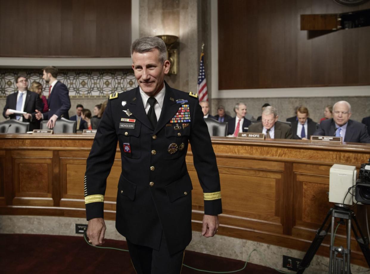 Gen. John Nicholson arrives on Capitol Hill to testify before the Senate Armed Services Senate Committee on Feb. 9, 2017. (J. Scott Applewhite / AP)