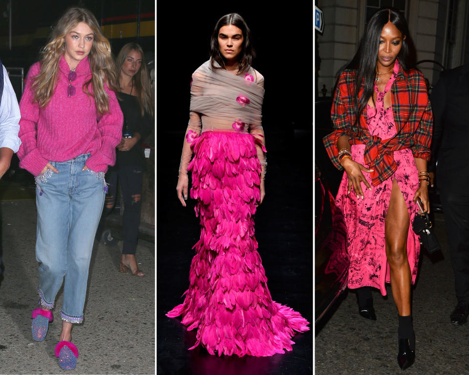 Zur Fashion Week in London trug man Pink: Gigi Hadid (l.) und Naomi Campbell (r.) lieben die Farbe auch privat. (Bild: Getty Images / ddp Images)