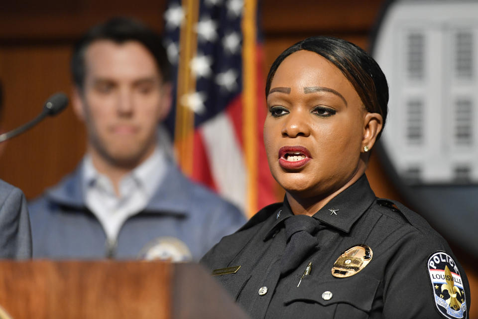 FILE - Louisville Metro Interim Police Chief Jacquelyn Gwinn-Villaroel speaks about the bank shooting at Metro Hall in Louisville, Ky., during a news conference the day after, Tuesday, April 11, 2023. On Friday, April 14, and Saturday, April 15, Black police chiefs, commissioners, sheriffs and commanders from across the country are set to meet in Detroit for the annual CEO symposium of the National Organization of Black Law Enforcement Executives. (AP Photo/Timothy D. Easley, File)