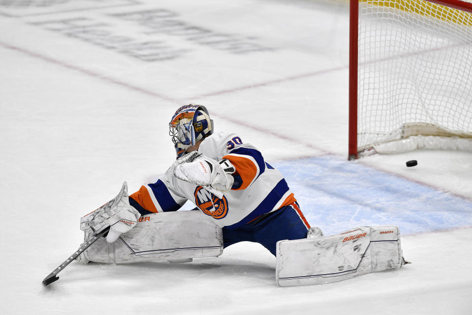 Florida Panthers left wing Matthew Tkachuk (not pictured) scores a goal on New York Islanders goaltender Ilya Sorokin (30) during the second period of an NHL hockey game, Saturday, Dec. 2, 2023, in Sunrise, Fla. (AP Photo/Michael Laughlin)