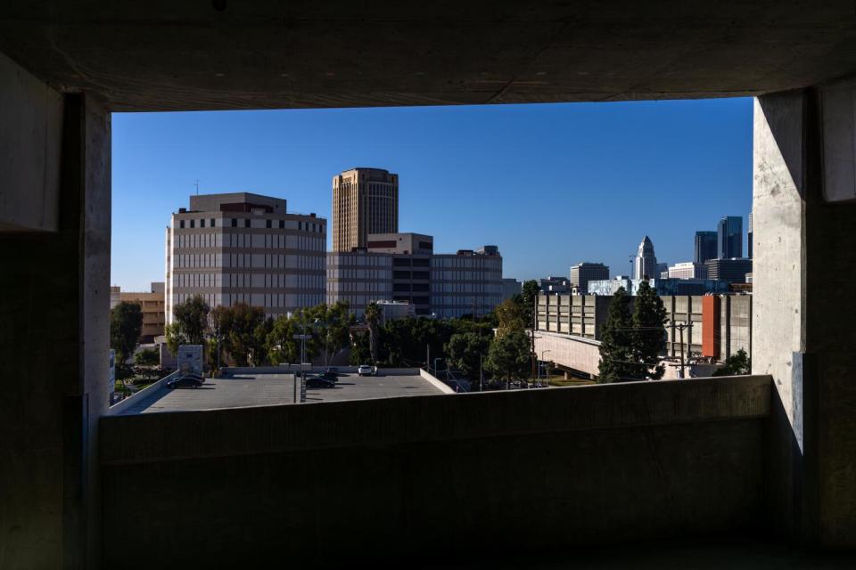 A view of buildings through a window