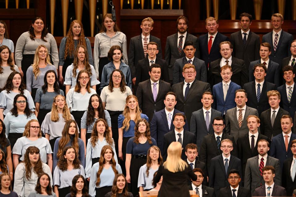 The choir consisting of single adults from the Utah County area sings during the Saturday evening session of the 193rd Semiannual General Conference of The Church of Jesus Christ of Latter-day Saints at the Conference Center in Salt Lake City on Saturday, Sept. 30, 2023. | Scott G Winterton, Deseret News