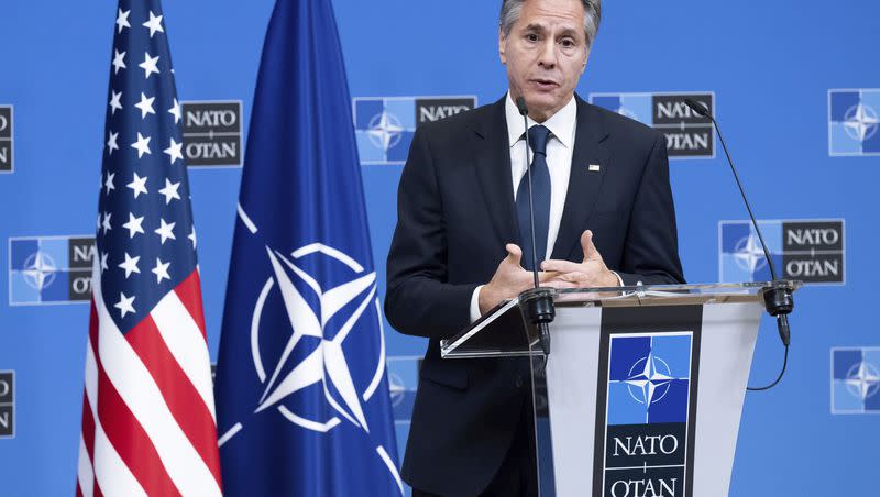 U.S. Secretary of State Antony Blinken gives a press conference as part of the NATO Foreign Ministers meeting on Ukraine at NATO Headquarters in Brussels, Belgium, Wednesday, Nov. 29, 2023.