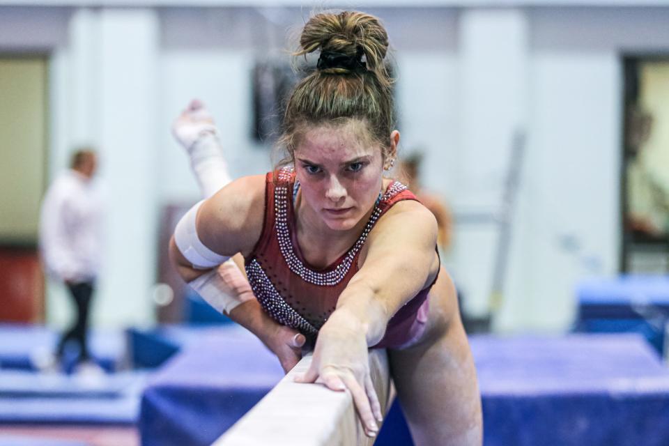 Jordan Bowers works on her routine at a University of Oklahoma (OU) Women's Gymnastics practice in Norman on Tuesday, Jan. 5, 2023.