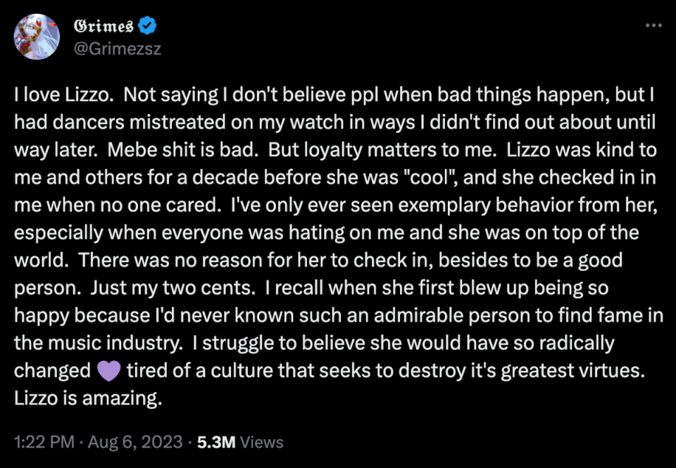 Grimes supports Lizzo against allegations (Twitter)