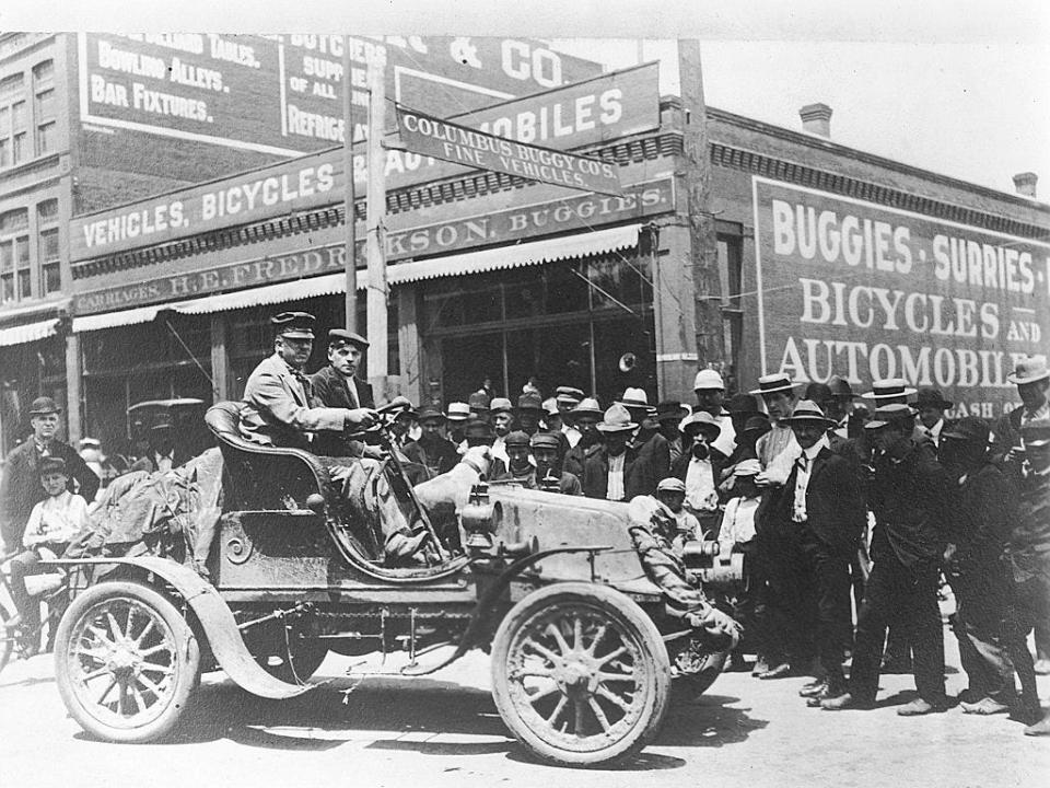 1903: Physician Horatio Nelson Jackson (at wheel) and his driving partner Sewall K. Crocker became the first men to drive an automobile across the United States. Starting in San Francisco, CA, they arrived in New York City on July 26 after a trip that took 63 days, 12 hours, and 30 minutes. Over 800 gallons of gasoline were needed to complete the journey in this Winton.