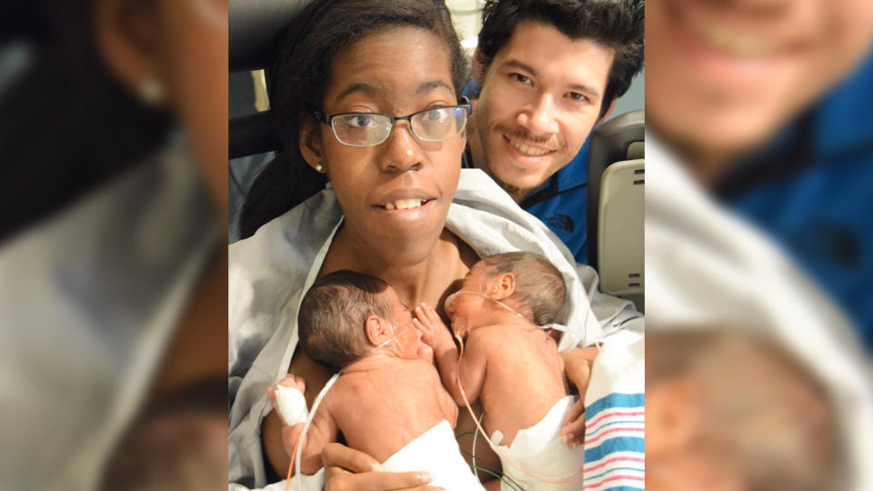 TaLisha Grzyb with her husband Quentin after the birth of their twins in 2017. (Photo: TaLisha Grzyb)