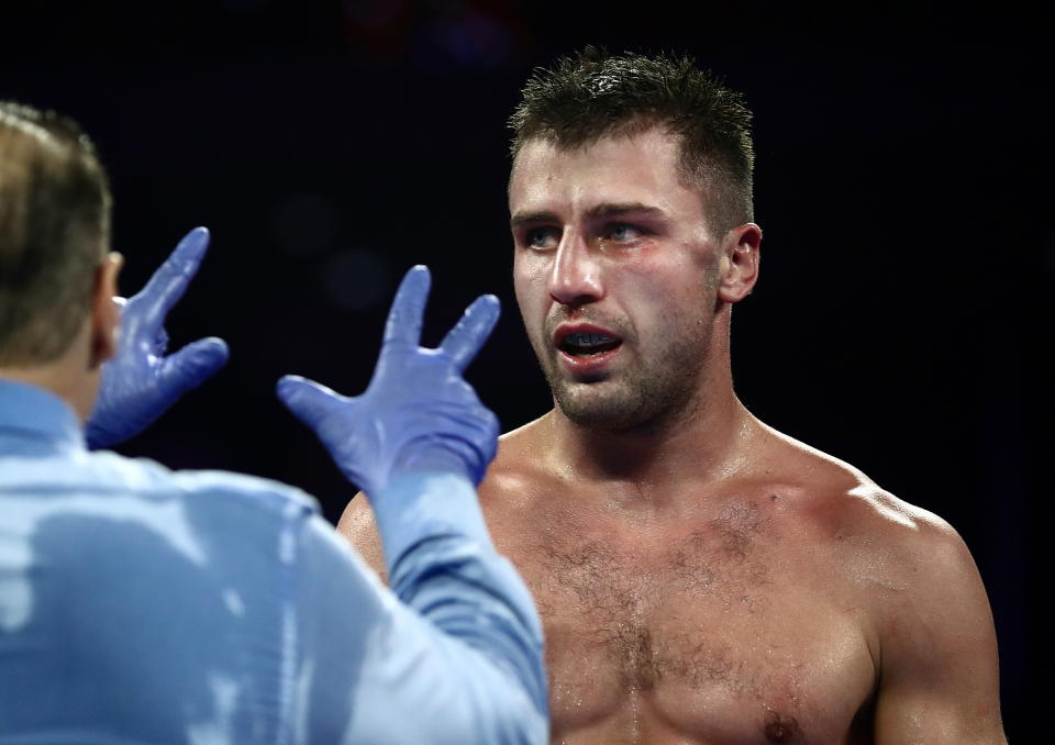 PHILADELPHIA, UNITED STATES - OCTOBER 19, 2019: WBC titlist Oleksandr Gvozdyk of Ukraine (R) in a light heavyweight world title unification boxing fight against IBF belt-holder Artur Beterbiev of Russia (not pictured) at the Liacouras Center in Philadelphia, Pennsylvania, United States; Gvozdyk lost the bout. Valery Sharifulin/TASS (Photo by Valery Sharifulin\TASS via Getty Images)