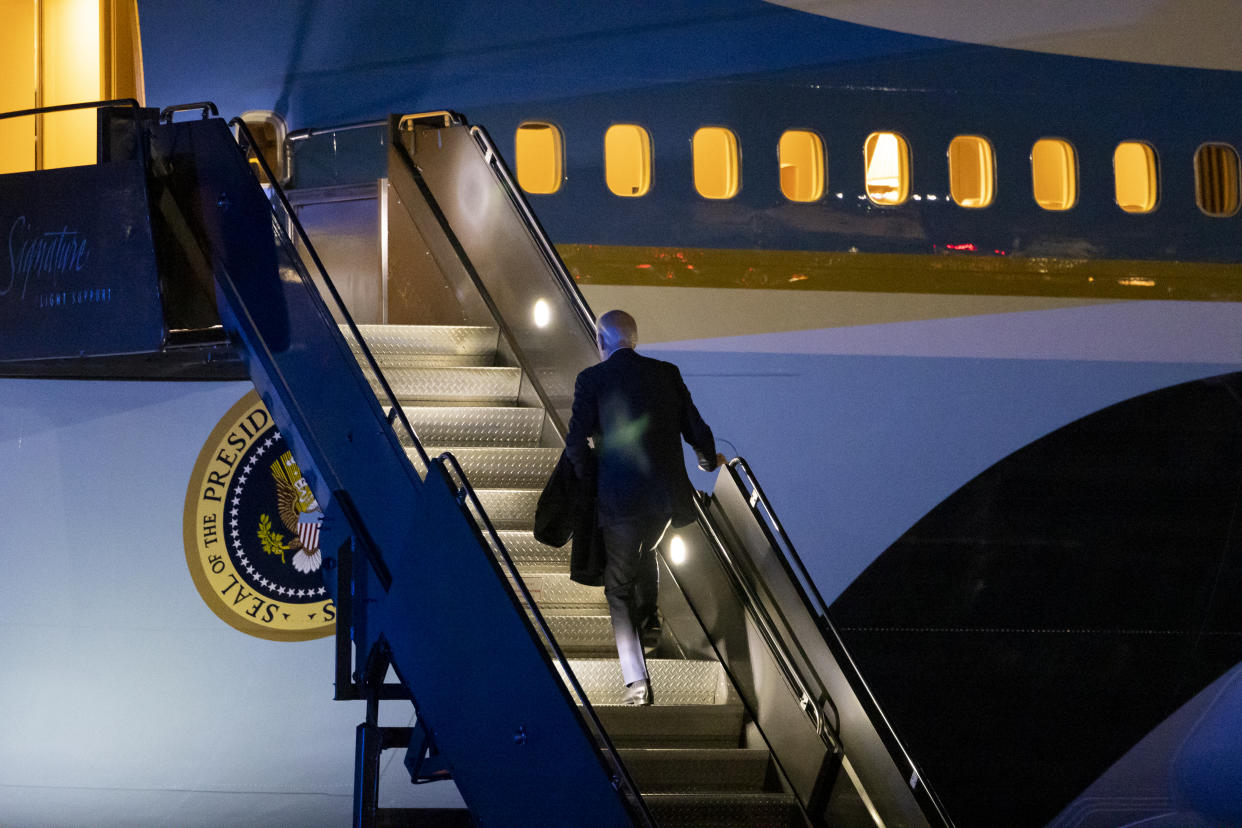 BOSTON, UNITED STATES- DECEMBER 2: President Joe Biden boards Air Force One ahead of a departure from Boston Logan International Airport in Boston, Massachusetts on November 2nd, 2022 (Photo by Nathan Posner/Anadolu Agency via Getty Images)