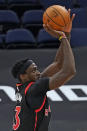 Toronto Raptors forward Pascal Siakam (43) shoots against the Philadelphia 76ers during the second half of an NBA basketball game Sunday, Feb. 21, 2021, in Tampa, Fla. (AP Photo/Chris O'Meara)