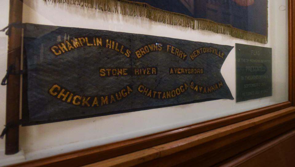 A detail shot of the 21st Michigan Volunteer Infantry Regiment Flag on Wednesday, Sept. 27, 2023, on the lower level of the Ionia County Courthouse in Ionia.