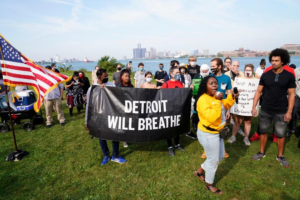 Rai Lanier speaks on behalf of Detroit Will Breath in opposition of former Detroit Police Chief James Craig before he could officially announce his run for Michigan governor, as a Republican candidate on Sept. 14, 2021, from Belle Isle.