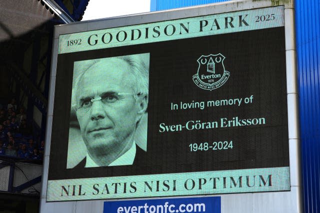 A memorial is shown on the stadium screen of former England manager Sven-Goran Eriksson before the Premier League match at Goodison Park last weekend