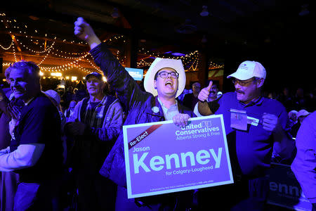 Supporters react to polling results at the United Conservative Party (UCP) provincial election night headquarters in Calgary, Alberta, Canada April 16, 2019. REUTERS/Chris Wattie