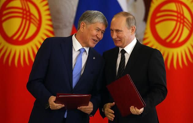 Even Aliya’s father, President Almazbek Atambayev, wasn’t impressed with his artist daughter’s choice of social media photos. Here he is pictured with Russia's President Vladimir Putin. Photo: Getty Images