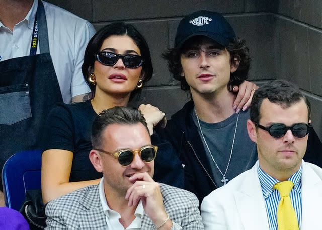 <p>Gotham/GC Images</p> Kylie Jenner and Timothée Chalamet are seen at the Final game with Novak Djokovic vs. Daniil Medvedev at the 2023 US Open Tennis Championships on September 10, 2023