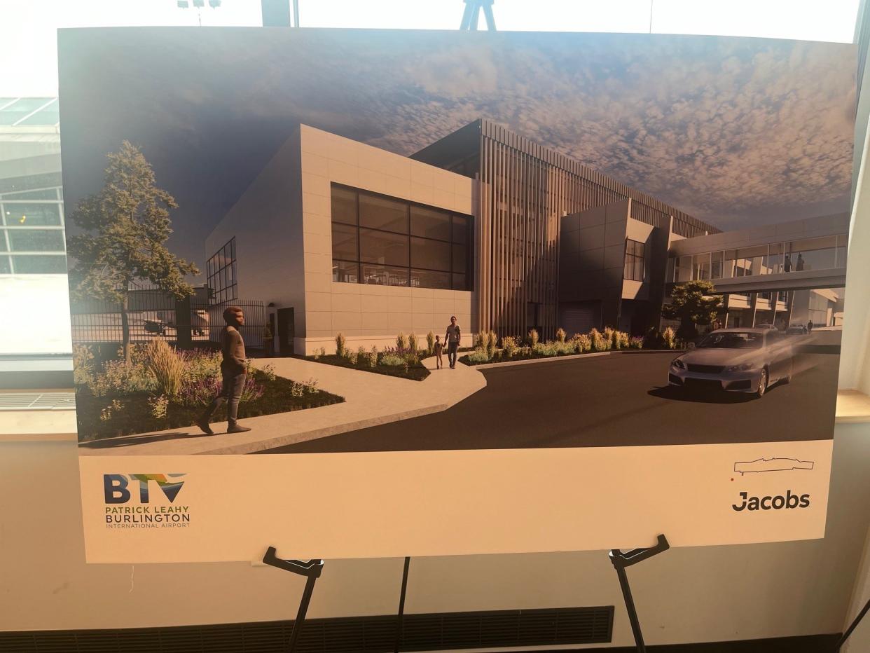 An artist's rendering of the planned new north terminal at Patrick Leahy Burlington International Airport, as seen on March 20, 2024 on display at a press conference.