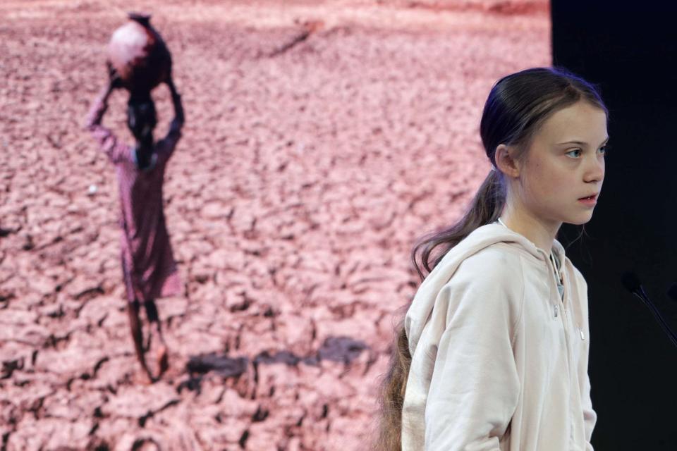 Swedish environmental activist Greta Thunberg addresses guests at the World Economic Forum (AP)