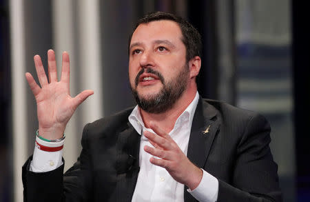 FILE PHOTO: Northern League leader Matteo Salvini during the television talk show "Porta a Porta" in Rome, Italy, January 18, 2018. REUTERS/Remo Casilli