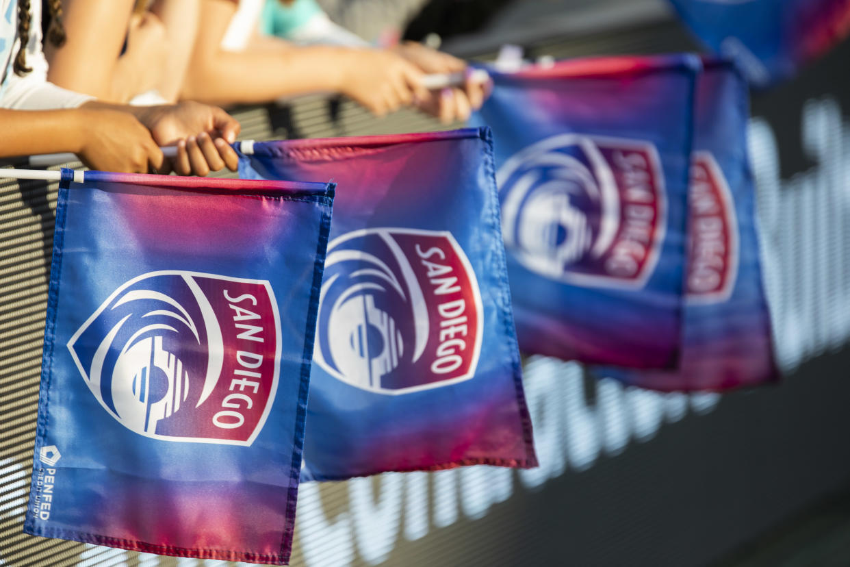 SAN DIEGO, CA - MAY 26: San Diego Wave flags during the NWSL match between the San Diego Wave FC and the Portland Thorns on May 26, 2023, at Snapdragon Stadium in San Diego, CA. (Photo by Alan Smith/Icon Sportswire via Getty Images)