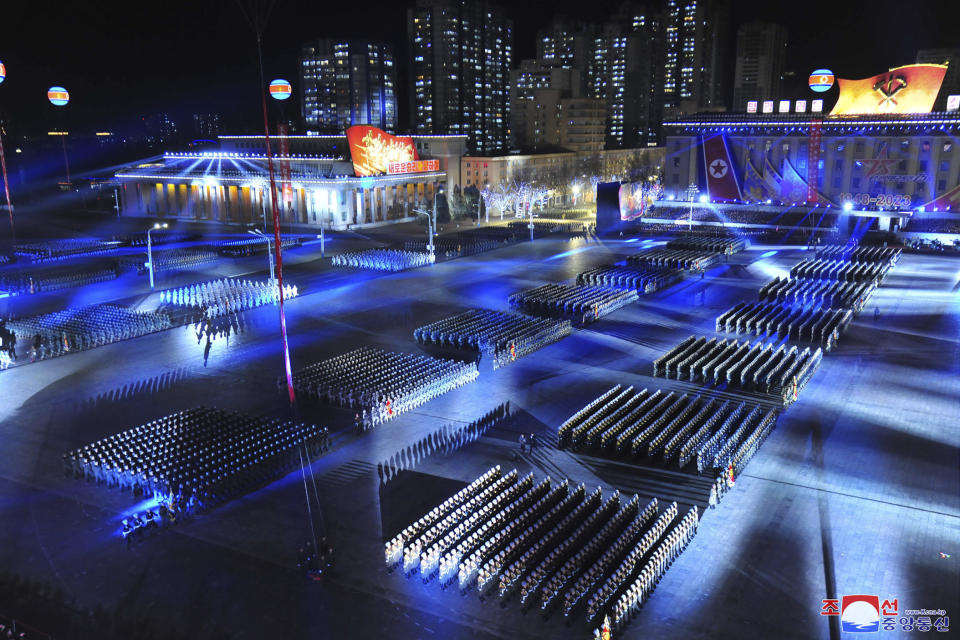 In this photo provided by the North Korean government, a military parade is held to mark the 75th founding anniversary of North Korea’s army at Kim Il Sung Square in Pyongyang, North Korea, Wednesday, Feb. 8, 2023. Independent journalists were not given access to cover the event depicted in this image distributed by the North Korean government. The content of this image is as provided and cannot be independently verified. Korean language watermark on image as provided by source reads: "KCNA" which is the abbreviation for Korean Central News Agency. (Korean Central News Agency/Korea News Service via AP)