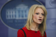 FILE - In this March 23, 2018 file photo, Counselor to the President Kellyanne Conway speaks during a media interview in the White House Press Brady Press Briefing Room in Washington. Asked if the president would back legislation in the works that would keep government funded, likely into February, Conway said Trump will “take a look at that certainly.” She argued Trump was not softening on his promise to secure the border. (AP Photo/Pablo Martinez Monsivais)